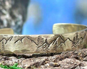 Mountains and Trees Brass Cuff Bracelet, Personalized Bracelet, Traditional 21st Anniversary Gift