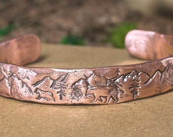 Grizzly Bear, Mountains and Trees Copper Cuff Bracelet, Personalized Bracelet, Montana, Treasure State