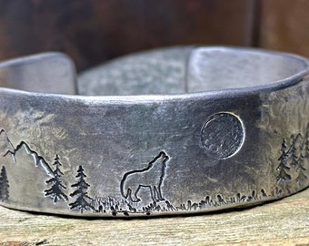 Wolf Bracelet, Mountains and Trees Cuff Bracelet, Aluminum Anniversary Gift For Him