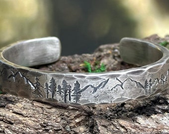 Heavyweight Mountains and Trees Sterling Silver Cuff Bracelet, Personalized Bracelet, Thick Sterling Silver Bracelet, Gift for Husband
