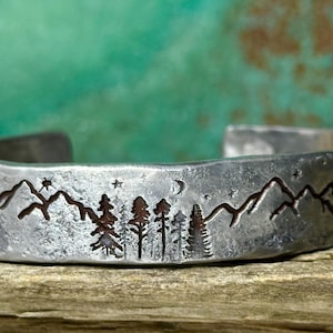 Mountains and Trees  Cuff Bracelet, Custom 10th Anniversary Gift, Engraved Anniversary Present