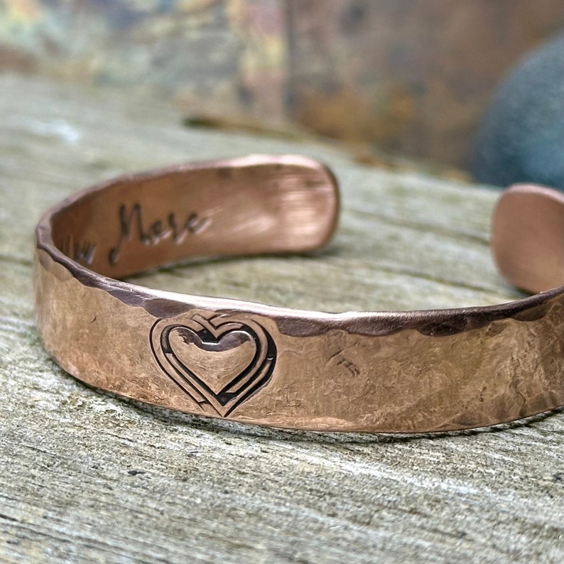 Heart Copper Cuff Bracelet, Valentines Day Gift for Her, Handmade Bracelet, Custom Made, Engraved, Solid Copper Bracelet image 1