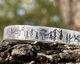 Mountains and Trees Sterling Silver Cuff Bracelet, Personalized Bracelet, Gift for Husband, Gift for Wife