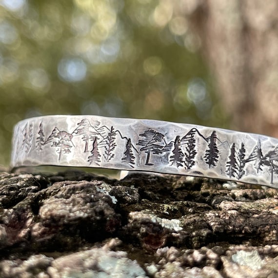 Mountains and Trees Sterling Silver Cuff Bracelet Personalized Bracelet Sieraden Armbanden Manchetarmbanden 
