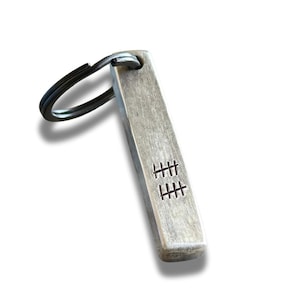 Puede incluir: Un llavero rectangular plateado con un llavero negro. El llavero tiene marcas de conteo grabadas. El metal tiene un acabado cepillado y una ligera sombra.