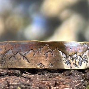 Mountains and Trees Bronze Cuff Bracelet: Rustic Forest Jewelry