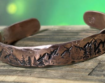 Heavyweight Mountains and Trees Copper Cuff Bracelet, Personalized Bracelet
