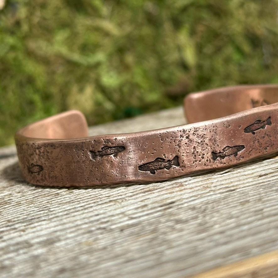 Copper Cuff Bracelet with Trout, Trout Fishing Gift for Him, Outdoorsman Jewelry, Custom Fathers Day Gift