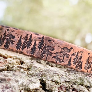 Mountains and Trees Copper Cuff Bracelet, Personalized Bracelet