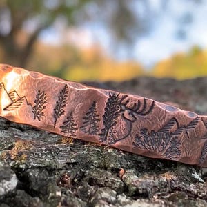 Handmade Copper Cuff Bracelet: Engraved Deer, Forest, Mountains