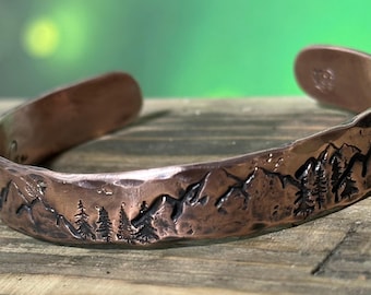Mountains and Trees Copper Cuff Bracelet, Personalized Bracelet