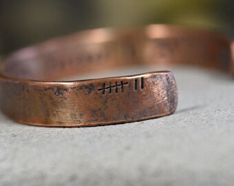 7th Anniversary Copper Cuff Bracelet: Personalized Tally Mark Bangle
