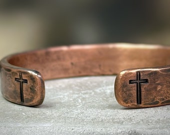 Handmade Copper Cuff Bracelet, Fathers Day Gift, Personalized Jewelry for Dad, Unique Heavyweight Accessory, Christian Cross Bracelet