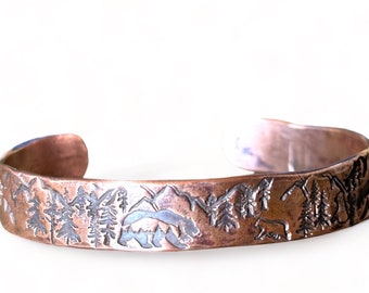 Grizzly Bear, Mountains and Trees Copper Cuff Bracelet, Personalized Bracelet, Montana, Treasure State