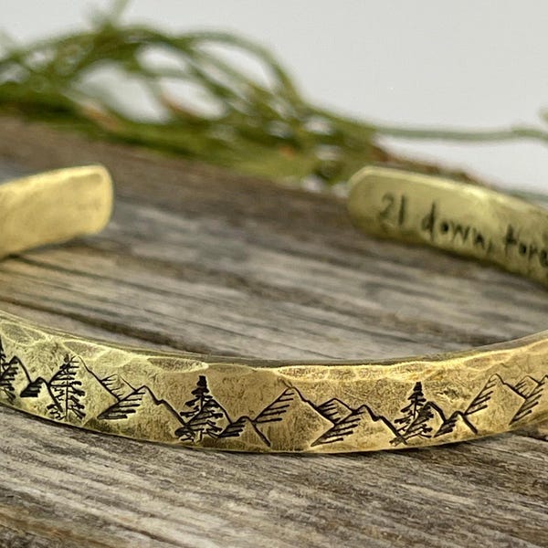 21st Anniversary Brass Bracelet: Engraved Mountains & Trees