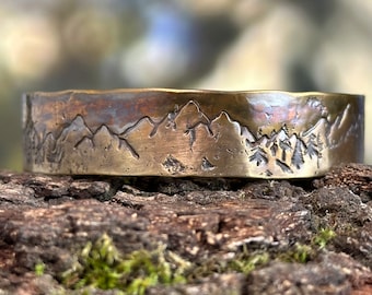 Mountains and Trees Bronze Cuff Bracelet, Personalized Bracelet