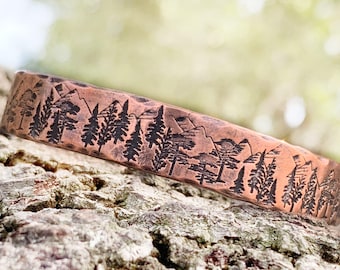 7th Anniversary Gift for Him Mountain Bracelet Nature Cuff for Husband Outdoor Adventure Jewelry Personalized