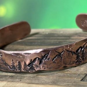 Mountains and Trees Copper Cuff Bracelet, Personalized Bracelet