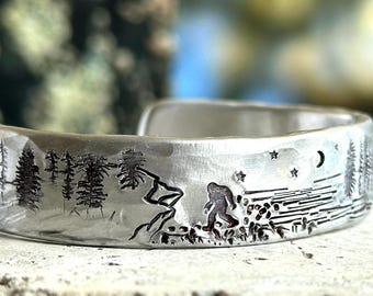 Handmade Sasquatch Aluminum Cuff Bracelet: Rustic Bigfoot Jewelry, Cryptid Hunter, Cryptozoologist, Monster researcher, Field Investigator