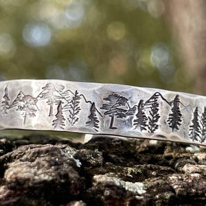 Handmade Sterling Silver Mountain Tree Cuff Bracelet: Rustic Engraved Jewelry
