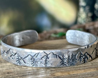 Mountains and Trees  Cuff Bracelet, Custom 10th Anniversary Gift, Engraved Anniversary Present