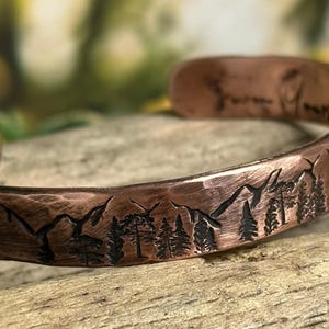 Mountains and Trees Copper Cuff Bracelet, Personalized Bracelet