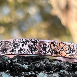 Handmade Copper Cuff Bracelet: Bees and Flowers, Rustic Garden Design