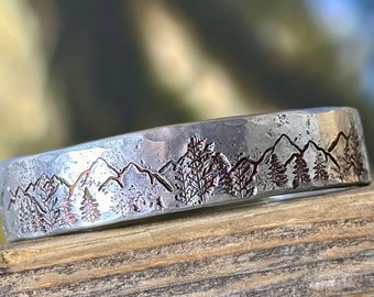 Mountains and Trees  Cuff Bracelet, Custom 10th Anniversary Gift, Engraved Anniversary Present