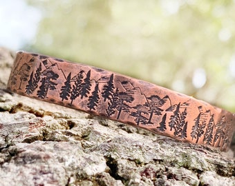 Mountains and Trees Copper Cuff Bracelet, Personalized Bracelet