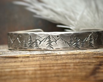 Heavyweight Starry Sky Mountains and Trees Sterling Silver Cuff Bracelet, Gift for Husband, Thick Sterling Silver Bracelet