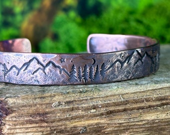 Mountains and Trees Copper Cuff Bracelet, Starry Night Sky, Personalized Bracelet
