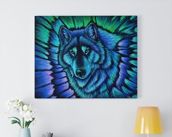 Blue Fantasy Wolf Aurora Rainbow Spirit Animal Canvas Wall Art Print