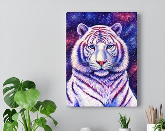 Colorful Rainbow Cosmic White Tiger Fantasy Galaxy Animal Canvas Wall Art Print