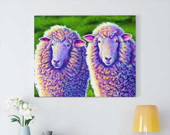 Two Colorful Rainbow Cute Sheep Farm Animals Canvas Wall Art Print