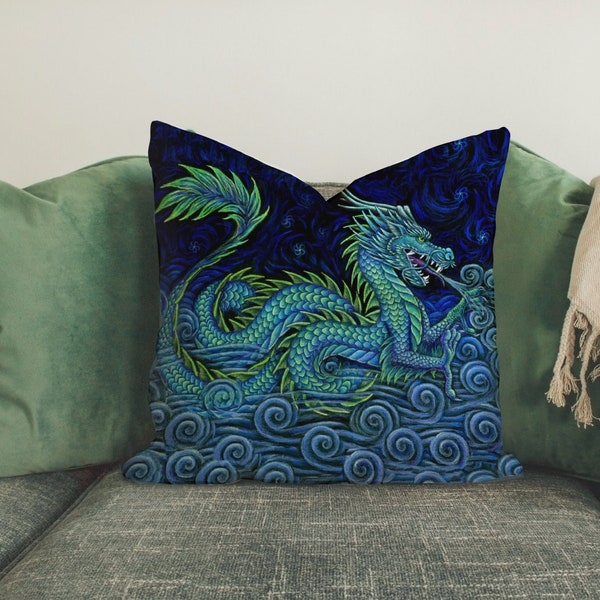 Chinese Azure Dragon Spun Polyester Square Throw Pillow