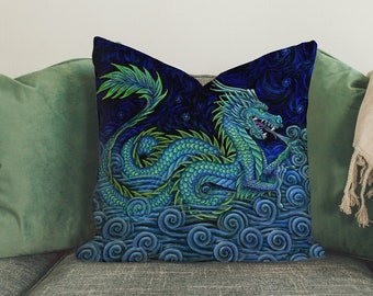 Chinese Azure Dragon Spun Polyester Square Throw Pillow