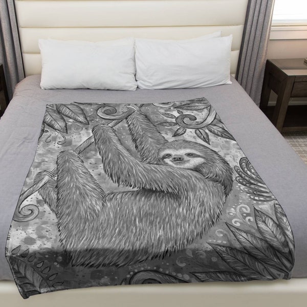 Black and White Cute Sloth Plush Fleece Velveteen Microfiber Throw Blanket