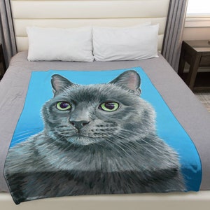 Cute Russian Blue Cat Gray Kitty Art Plush Fleece Velveteen Microfiber Throw Blanket
