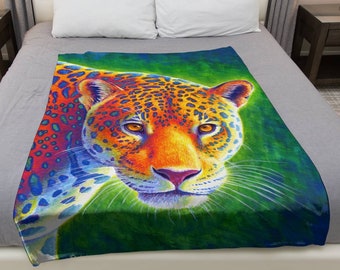 Psychedelic Rainbow Jaguar Trippy Wild Feline Pop Art Plush Fleece Velveteen Microfiber Throw Blanket