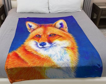 Vibrant Cute Rainbow Red Fox Pop Art Plush Fleece Velveteen Microfiber Throw Blanket