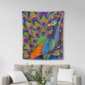 Colorful Paisley Peacock Rainbow Bird Psychedelic Art Indoor Tapestry Wall Art Decor
