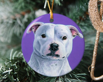 White Staffordshire Bull Terrier Cute Purple Staffie Dog Staffy Pet Art Ceramic Ornaments