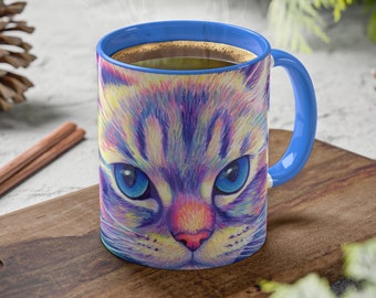 Rainbow Himalayan Cat and Psychedelic Skull Trippy Pet Pop Art Colorful Accent Mugs 11oz