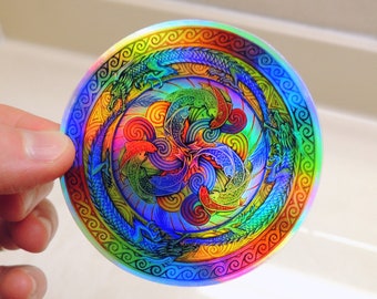 Psychedelic Dragons Rainbow Mandala Trippy Holographic Vinyl Stickers