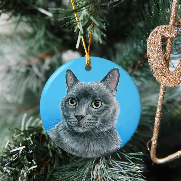 Cute Russian Blue Gray Cat Art Ceramic Porcelain Ornament