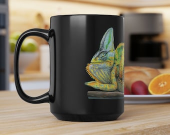 Veiled Chameleon Lizard Reptile Art Black Coffee Mug 11oz and 15oz