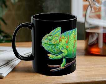 Green Veiled Chameleon Lizard Reptile Art Black Coffee Mug 11oz 15oz