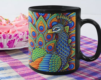 Tasse à café en céramique noire colorée motif cachemire paon arc-en-ciel psychédélique oiseau trippy 11 oz