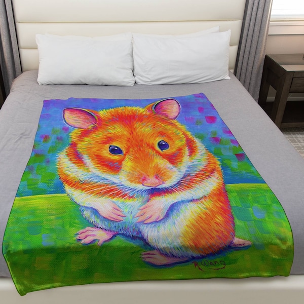 Colorful Rainbow Cute Orange Hamster Pop Art Plush Fleece Velveteen Microfiber Throw Blanket