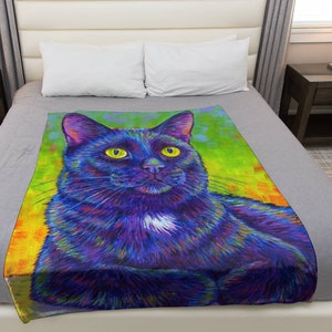 Colorful Black Cat Cute Rainbow Trippy Kitty Pop Art Plush Fleece Velveteen Microfiber Throw Blanket